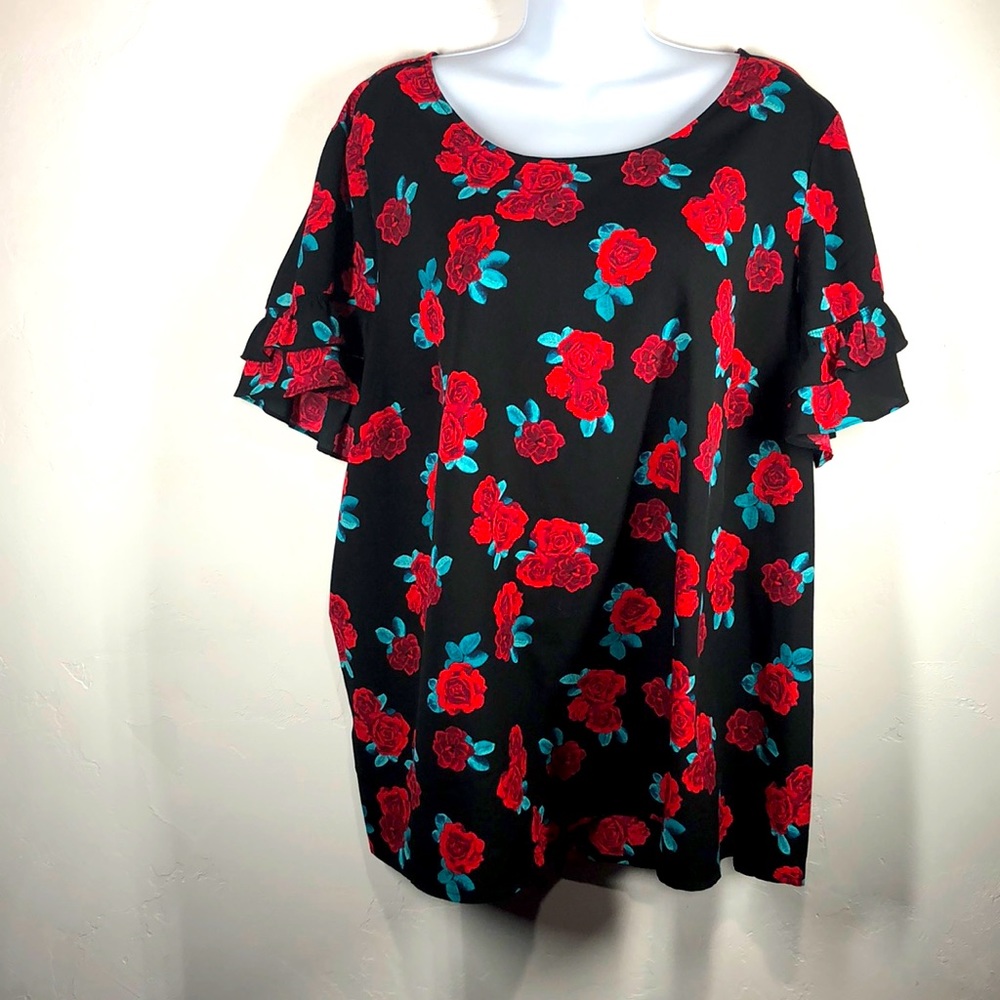 Lane Bryant black rose print ruffle sleeve blouse size 22